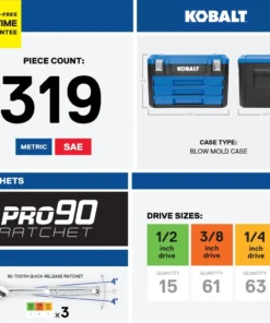 Kobalt Mechanics Tool Sets 319-Piece Standard (SAE) and Metric Combination Polished Chrome Mechanics Tool Set (1/4-in; 3/8-in) -Kobalt Sales Shop 15100861
