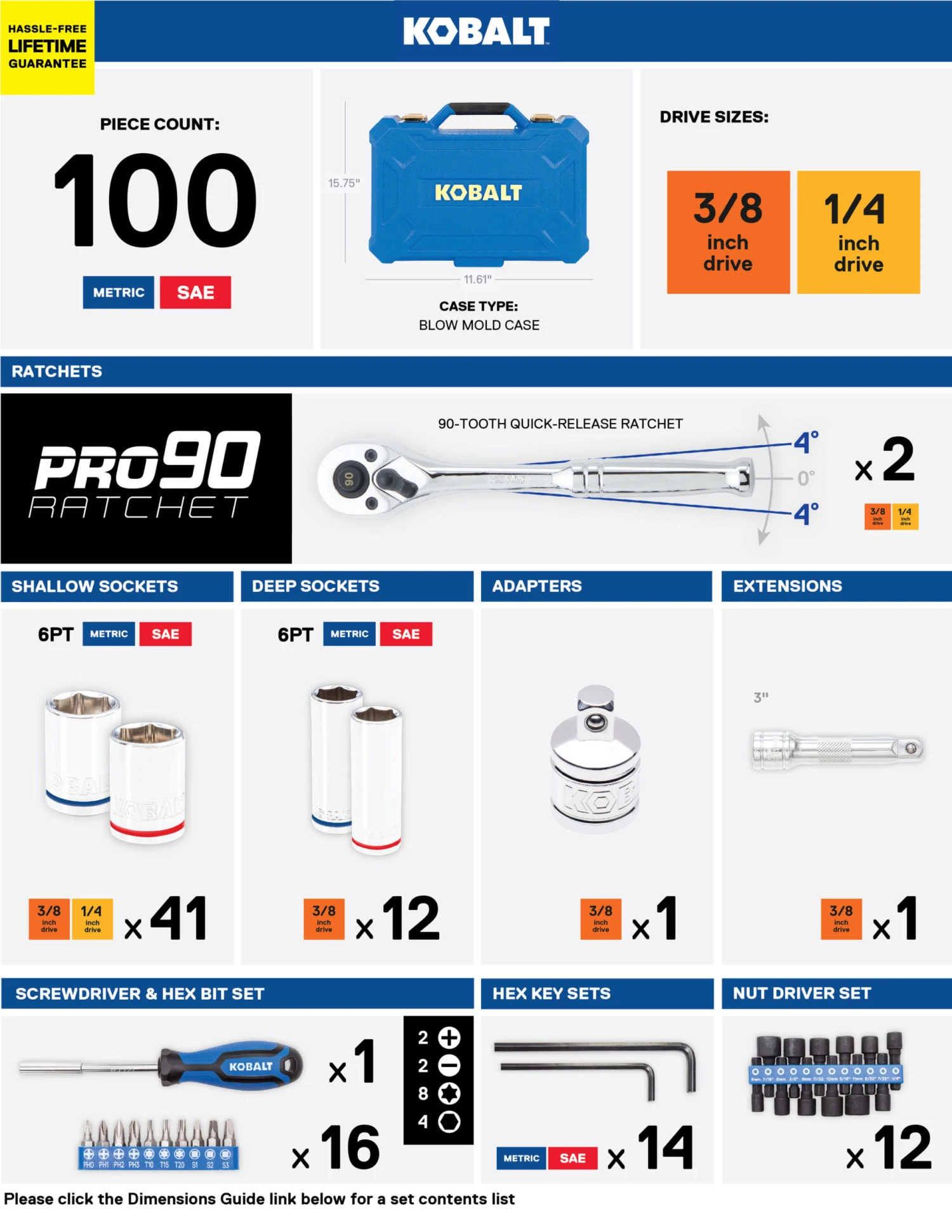 Kobalt Mechanics Tool Sets Centennial 100-Piece Standard (SAE) and Metric Combination Polished Chrome Mechanics Tool Set (1/4-in; 3/8-in) 8 Kobalt Mechanics Tool Sets Centennial 100-Piece Standard (SAE) and Metric Combination Polished Chrome Mechanics Tool Set (1/4-in; 3/8-in) - Image 8